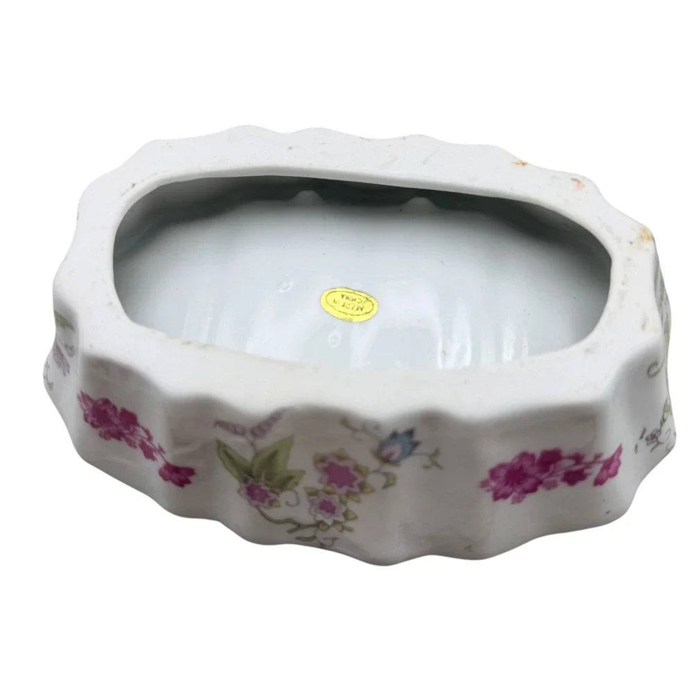 Vintage Floral Ceramic Soap Dish and Tumbler Set Pink Roses Blue Flowers 2pc